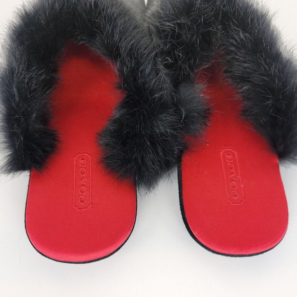 Coach Melody Black Fur Trimmed Red Inside Coach C Logo Slippers Size 8 - Picture 3 of 6